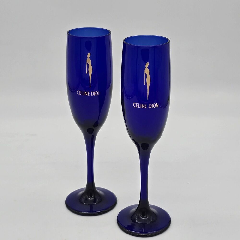 Celine Dion Collectors Concert Cobalt Blue Champaign Glasses Flutes Set of 2